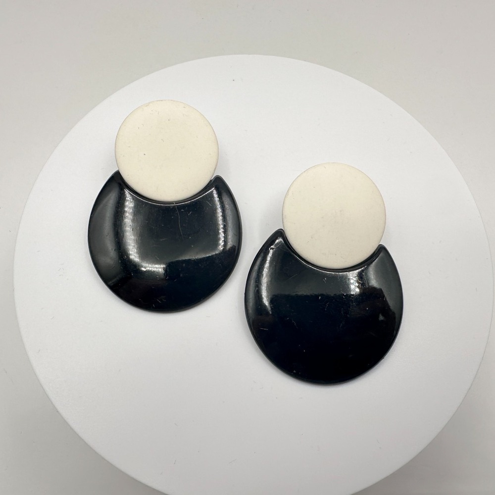 Vintage 80s 90s Black & Cream Geometric Statement Stud Earrings Women's Jewelry